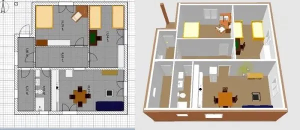 Пример объединенных кухни и гостиной – план и 3D модель