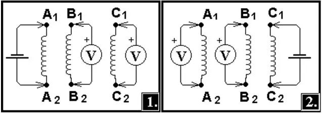 Батарейку с соблюдением полярности соединяем с концами с1-с2, а омметр – на а1-а2
